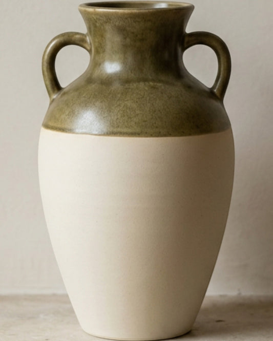 Tviva Two-Handle Stoneware Amphora Vase 31 cm Olive Cream - Lifestyle view